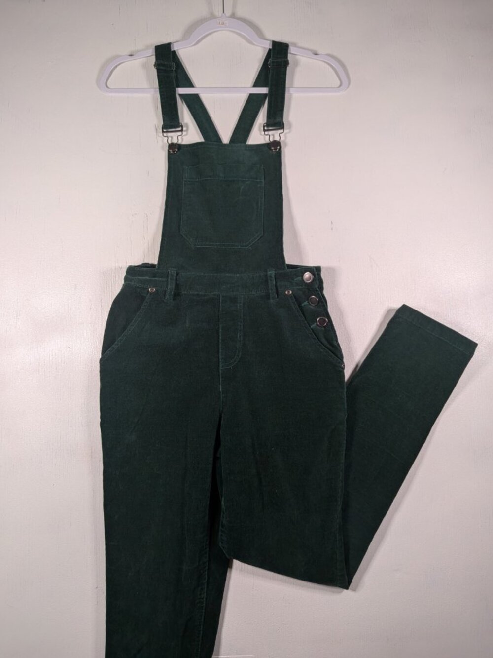 ModCloth Women's XS Green Corduroy Skinny Overalls Dungarees Snap Pockets
